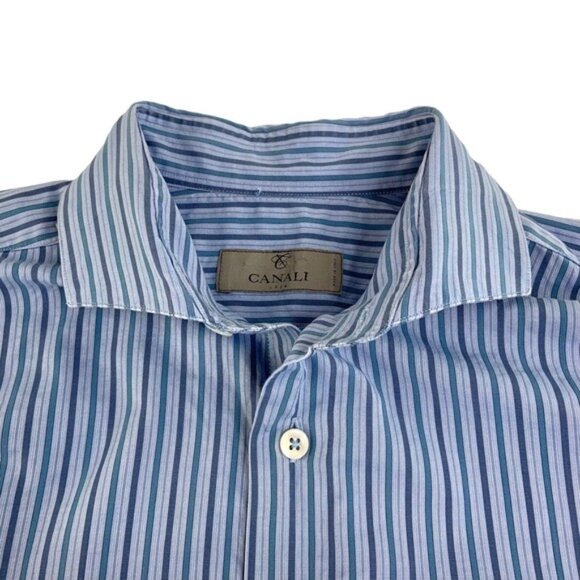 Canali Long Sleeve Button Down Shirt Blue Vertical Stripe - Picture 2 of 6